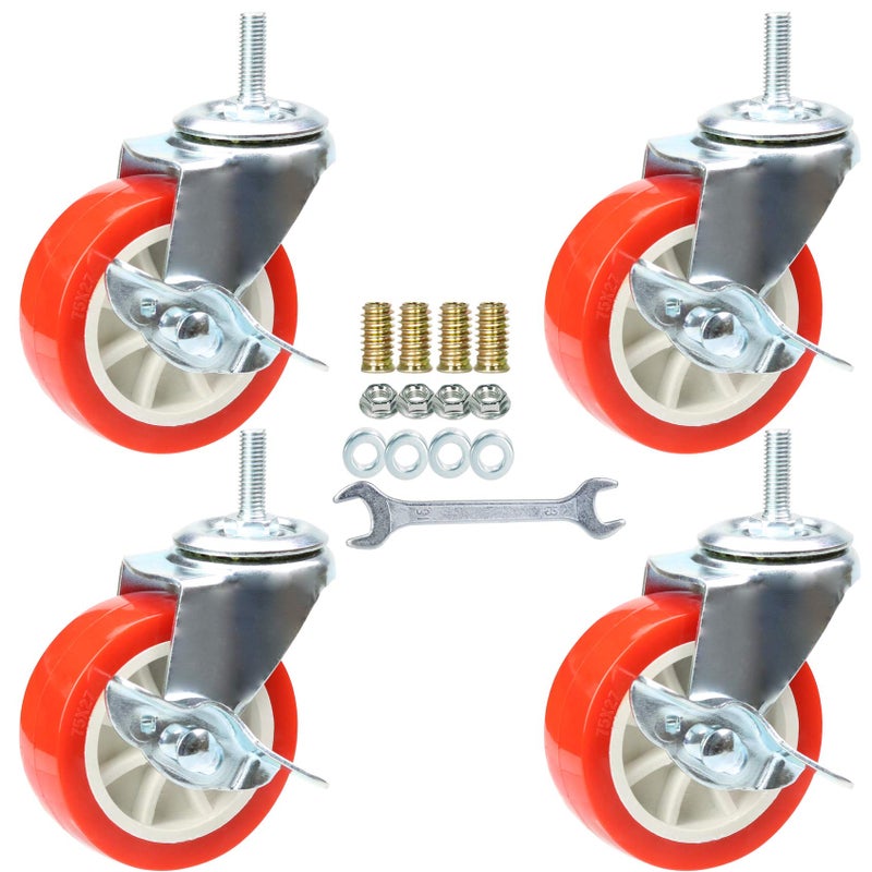 3 Inch Swivel Caster Wheels with Brake Set of 4, YEEMIGO Metric Size M8Ã—25mm Threaded Stem Castors, Casters Heavy Duty-Total Capacity 450lbs, Replacement for Cart Furniture Workbench and Trolley