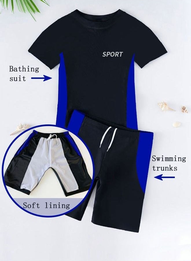 Generic 2 Piece Boys Swimsuit Swimming Trunks Set Kids Training Quick Dry Sun Protection Swimwear Children Short Sleeves Clothing Beachwear Split Bathing Suit for Summer Moisture-Wicking Breathable Black - Image 5