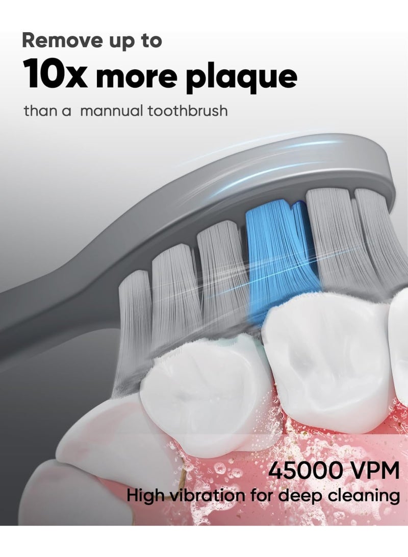 MySmile DY156 Electric Toothbrush for Adults, Rechargeable Sonic Battery Toothbrush Portable with 3 Brush Heads, 2 Mins 5 Modes Smart Timer, 45000VPM, One Charge for 60 Days (Gray, M) - Image 2