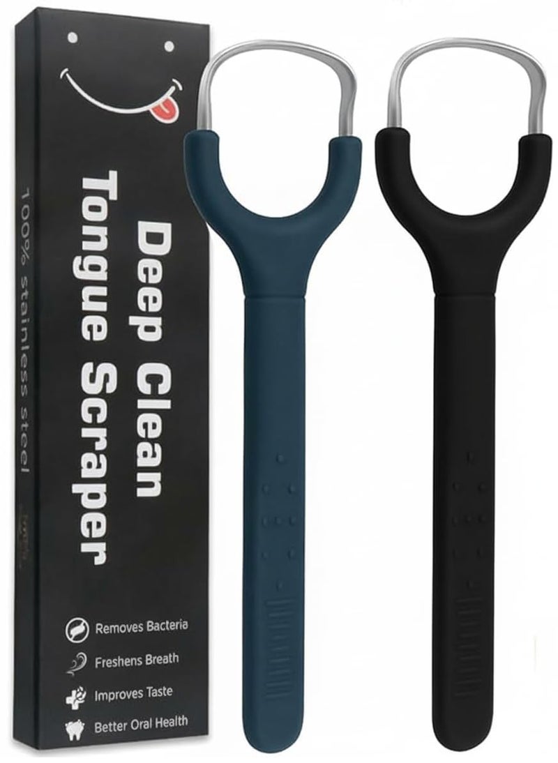 Prplet Tongue Cleaner Scraper for Adults & Kids – Stainless Steel Tongue Scraper for Hygiene, Fresh Breath, Removes Bacteria – Deep Clean Tongue Cleaning Tool (Pack of 2) (Blue+Black) - Image 1