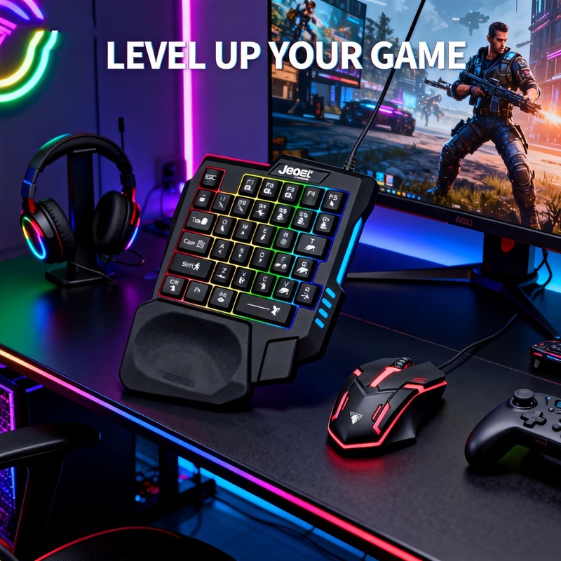 لوجة مفاتيح ميكانيكية مدمجة بـ 35 مفتاحًا ومجموعة ماوس للألعاب مع إضاءة RGB ومسند للمعصم، بتصميم شبه يدوي مريح مناسب لألعاب FPS ومعدات الألعاب التنافسية، إضافات ألعاب للكمبيوتر الشخصي - أسود - Image 5