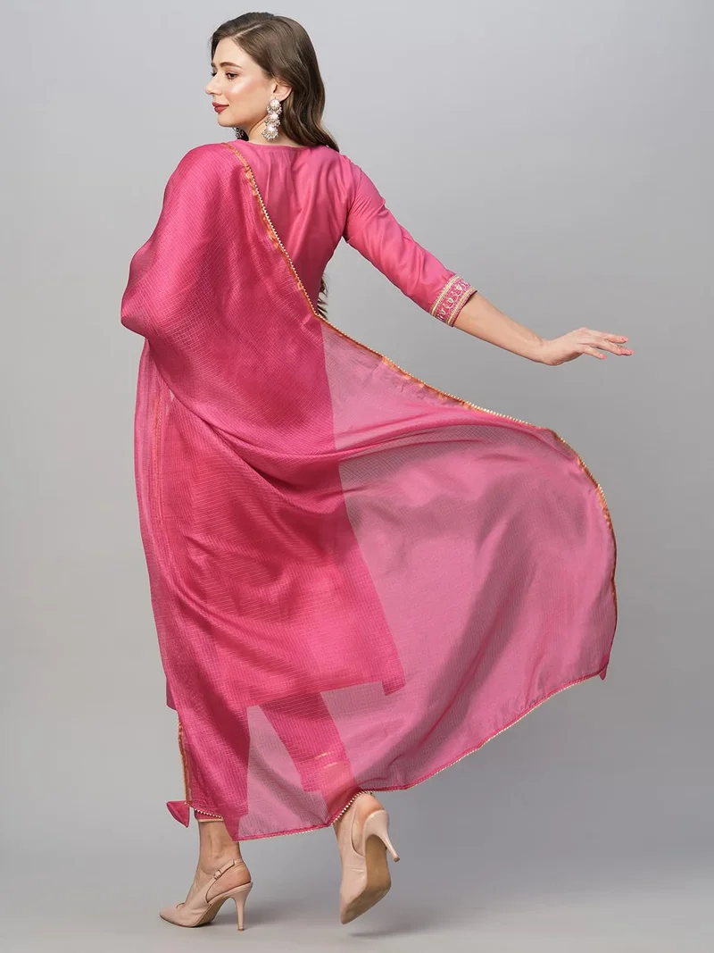 GoSriKi Pink GoSriKi Women's Cotton Blend Floral Straight Kurta with Pant & Dupatta (BAGICHA-Rani-FNW-GS_Pink_XXX-Large) for Women | Best Price UAE