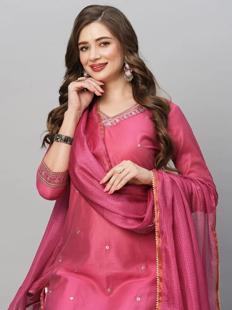 GoSriKi Pink GoSriKi Women's Cotton Blend Floral Straight Kurta with Pant & Dupatta (BAGICHA-Rani-FNW-GS_Pink_XXX-Large) for Women | Best Price UAE
