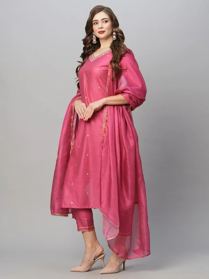 GoSriKi Women's Cotton Blend Floral Straight Kurta with Pant & Dupatta (BAGICHA-Rani-FNW-GS_Pink_XXX-Large)