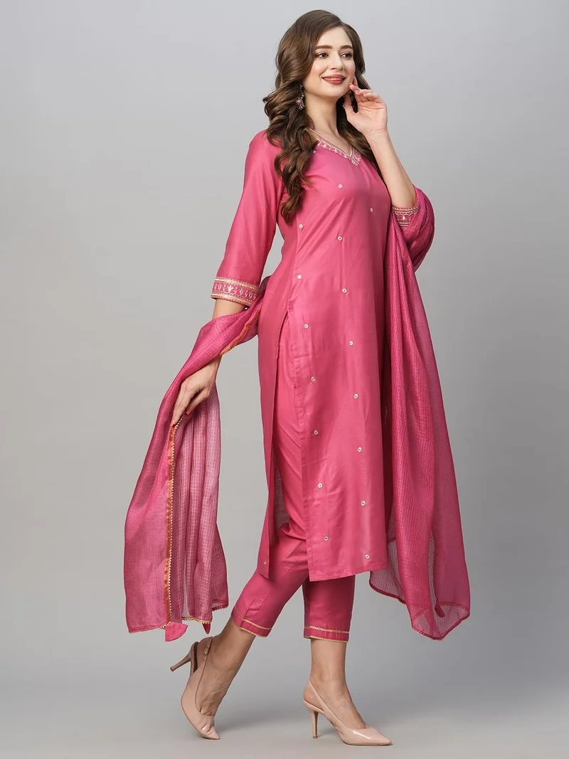 GoSriKi Pink GoSriKi Women's Cotton Blend Floral Straight Kurta with Pant & Dupatta (BAGICHA-Rani-FNW-GS_Pink_XXX-Large) for Women | Best Price UAE