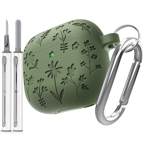 DamonLight Flora Engraved Case for AirPods 4 with Active Noise Cancellation Cover Shockproof Protective Soft Silicone Case with Cleaning Pen and Keychain for Apple Airpods 4th Generation(Olive Green) - Image 1