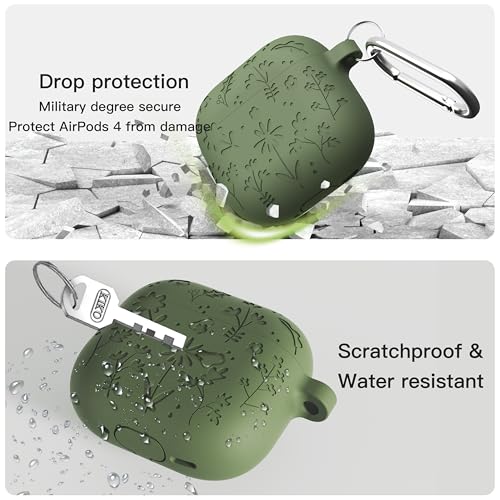 DamonLight Flora Engraved Case for AirPods 4 with Active Noise Cancellation Cover Shockproof Protective Soft Silicone Case with Cleaning Pen and Keychain for Apple Airpods 4th Generation(Olive Green) - Image 4