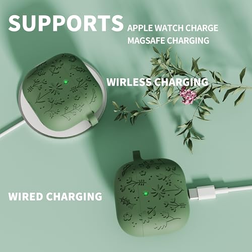 DamonLight Flora Engraved Case for AirPods 4 with Active Noise Cancellation Cover Shockproof Protective Soft Silicone Case with Cleaning Pen and Keychain for Apple Airpods 4th Generation(Olive Green) - Image 5