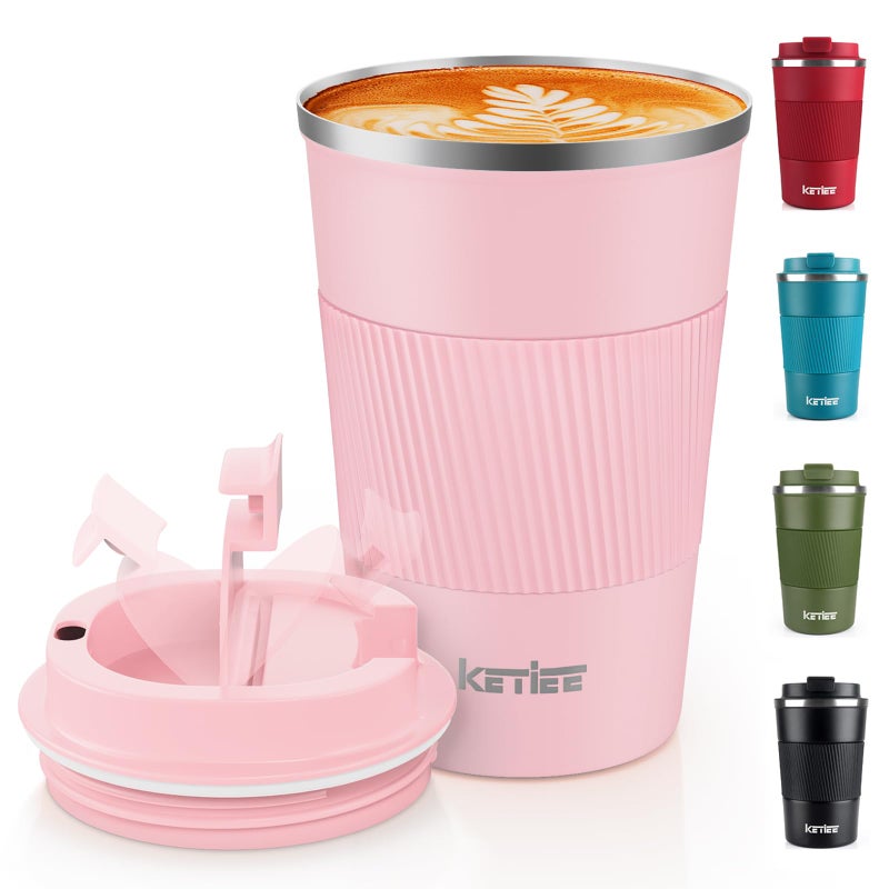 KETIEE Travel Mug Insulated With Leakproof Lid Reusable Coffee Cup Double Walled Stainless Steel for Hot Cold Drinks 380ml Pink