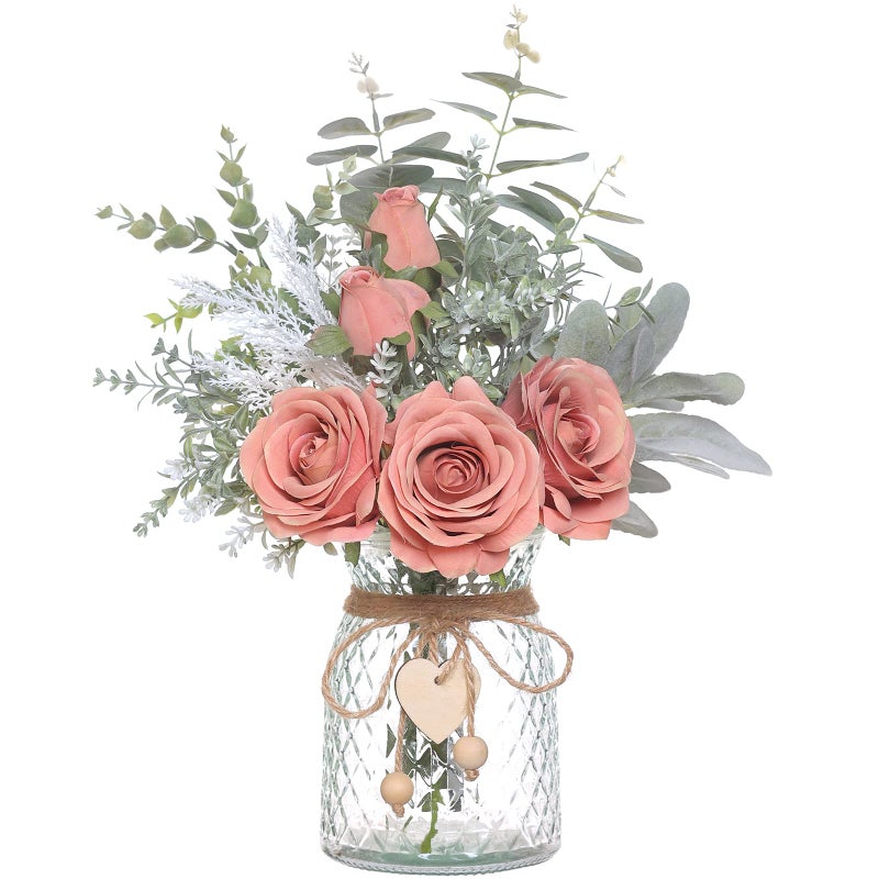 VIERENA Faux Flowers with Vase,Artificial Silk Roses in Vase, Fake Plant Eucalyptus Flower Arrangement for Home Office Farmhouse Bathroom Dining Table Centerpiece Decorations Coffee Table Decor (Dusty Pink) - Image 1