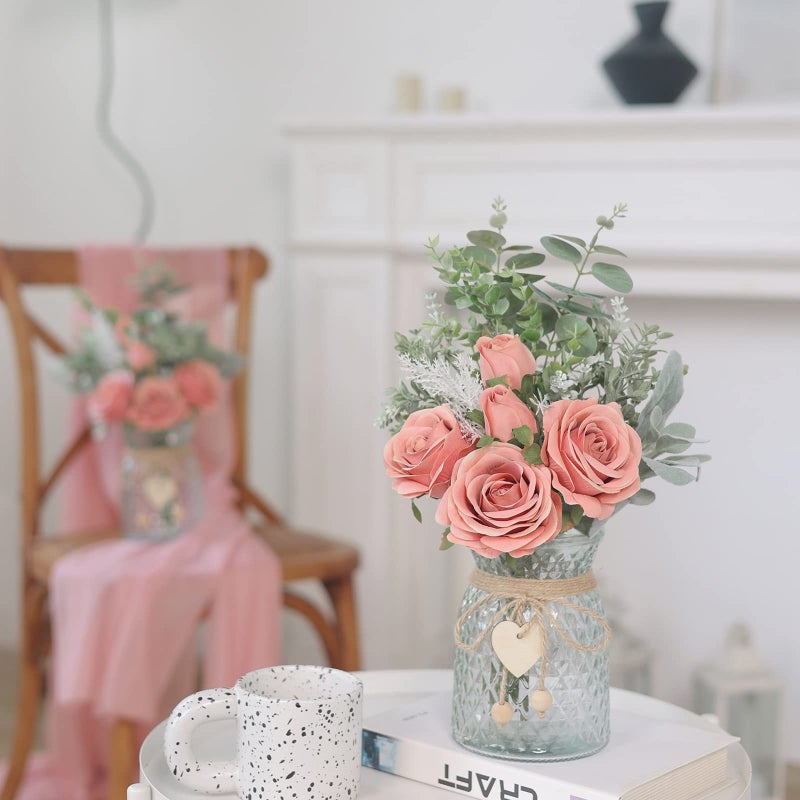 VIERENA Faux Flowers with Vase,Artificial Silk Roses in Vase, Fake Plant Eucalyptus Flower Arrangement for Home Office Farmhouse Bathroom Dining Table Centerpiece Decorations Coffee Table Decor (Dusty Pink) - Image 2
