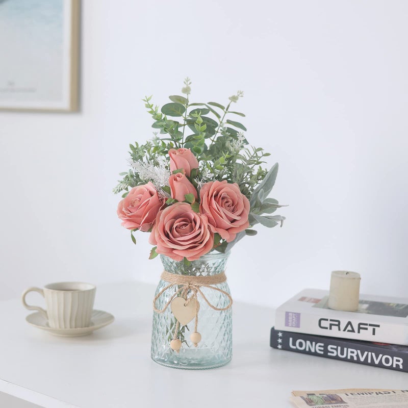VIERENA Faux Flowers with Vase,Artificial Silk Roses in Vase, Fake Plant Eucalyptus Flower Arrangement for Home Office Farmhouse Bathroom Dining Table Centerpiece Decorations Coffee Table Decor (Dusty Pink) - Image 3