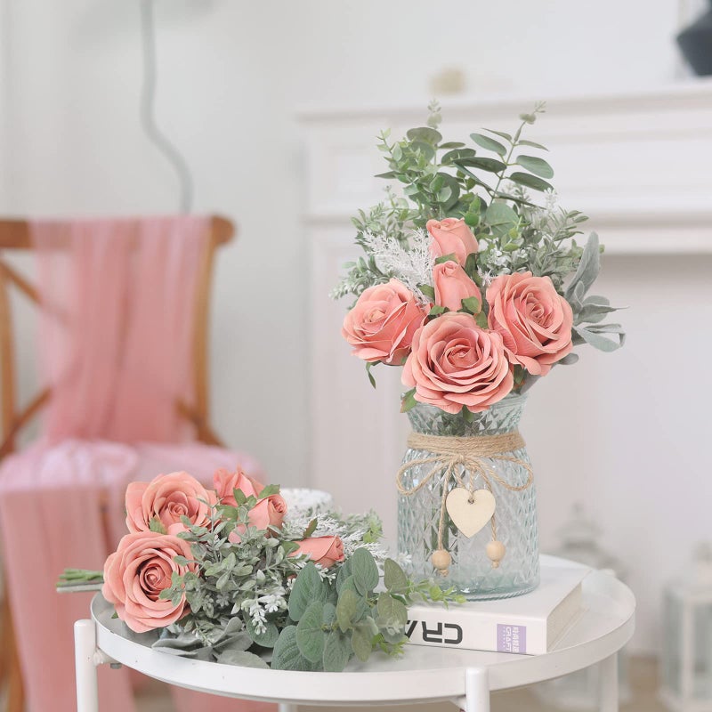 VIERENA Faux Flowers with Vase,Artificial Silk Roses in Vase, Fake Plant Eucalyptus Flower Arrangement for Home Office Farmhouse Bathroom Dining Table Centerpiece Decorations Coffee Table Decor (Dusty Pink) - Image 4