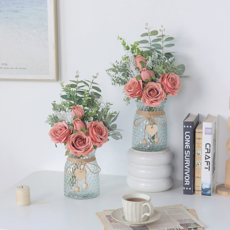 VIERENA Faux Flowers with Vase,Artificial Silk Roses in Vase, Fake Plant Eucalyptus Flower Arrangement for Home Office Farmhouse Bathroom Dining Table Centerpiece Decorations Coffee Table Decor (Dusty Pink) - Image 5