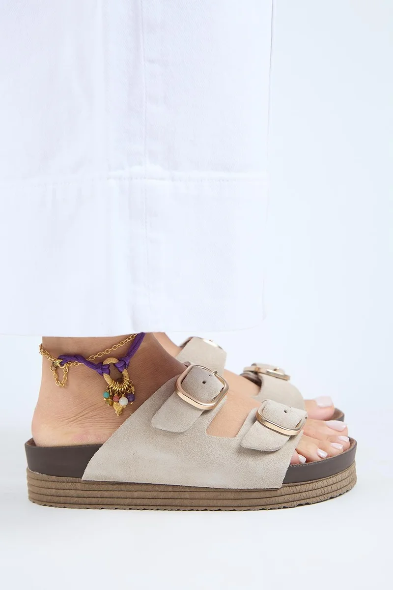 Manijero Manijero Alexa Women's Genuine Leather Double Buckle Platform Slippers Beige