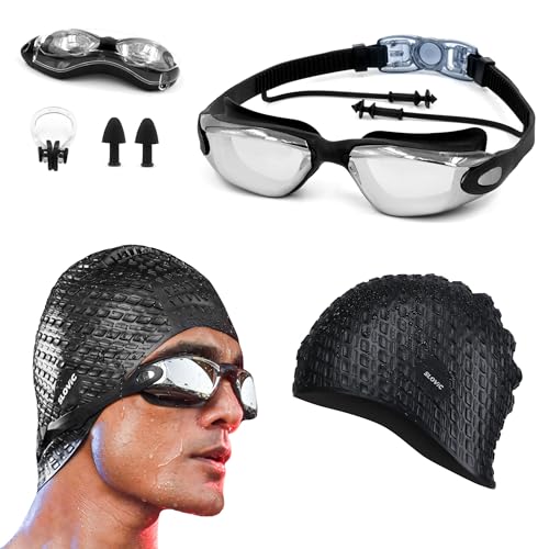 SLOVIC Swimming Goggles & Cap Combo | Anti-Fog Swimming Goggles for Man | Swimming Cap for Men | UV Protected Swimming Goggle for Women with Adjustable Straps | Unisex Swimming Accessories [Black] - Image 1