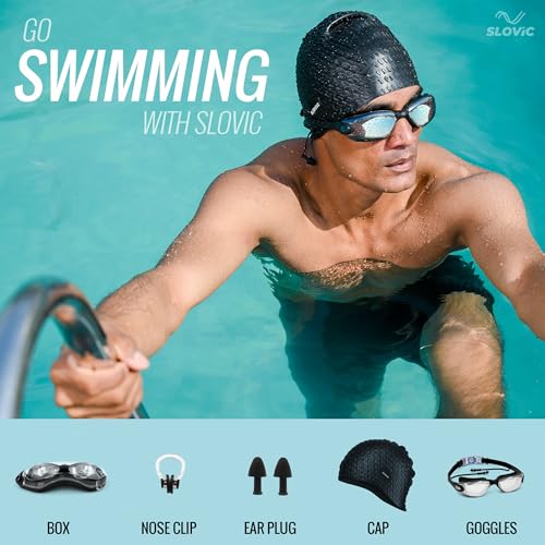 SLOVIC Swimming Goggles & Cap Combo | Anti-Fog Swimming Goggles for Man | Swimming Cap for Men | UV Protected Swimming Goggle for Women with Adjustable Straps | Unisex Swimming Accessories [Black] - Image 4