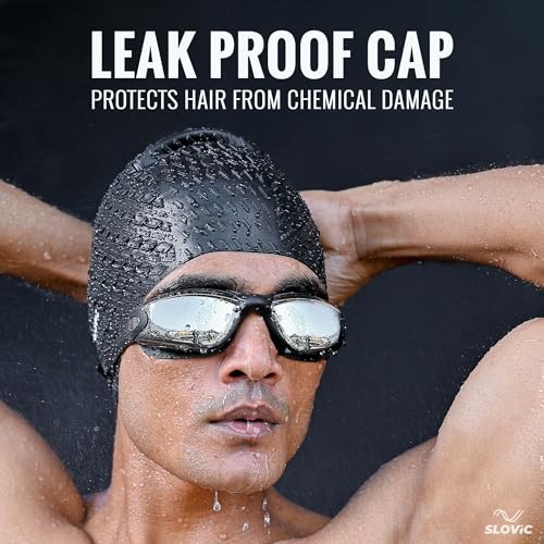 SLOVIC Swimming Goggles & Cap Combo | Anti-Fog Swimming Goggles for Man | Swimming Cap for Men | UV Protected Swimming Goggle for Women with Adjustable Straps | Unisex Swimming Accessories [Black] - Image 2