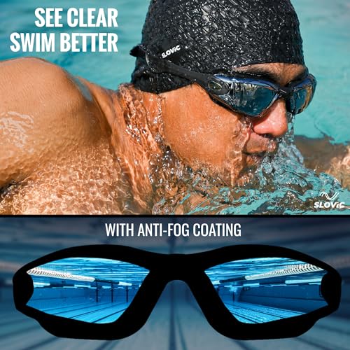 SLOVIC Swimming Goggles & Cap Combo | Anti-Fog Swimming Goggles for Man | Swimming Cap for Men | UV Protected Swimming Goggle for Women with Adjustable Straps | Unisex Swimming Accessories [Black] - Image 3