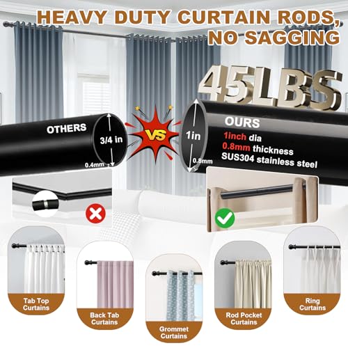 Wefaith Corner Curtain Rod for Windows - L Shaped 30 to 136 Inches Adjustable,1 Inch Heavy Duty Corners Window Curtain Rods, 180° Connector Angled Drapery Pole -Black - Image 4