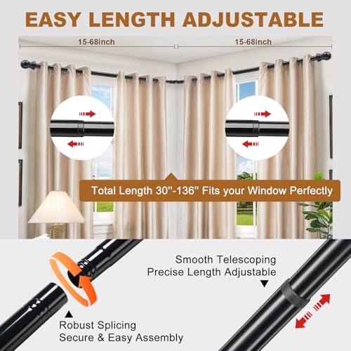 Wefaith Corner Curtain Rod for Windows - L Shaped 30 to 136 Inches Adjustable,1 Inch Heavy Duty Corners Window Curtain Rods, 180° Connector Angled Drapery Pole -Black - Image 3