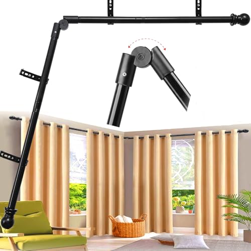 Wefaith Corner Curtain Rod for Windows - L Shaped 30 to 136 Inches Adjustable,1 Inch Heavy Duty Corners Window Curtain Rods, 180° Connector Angled Drapery Pole -Black - Image 1