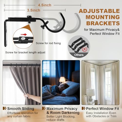 Wefaith Corner Curtain Rod for Windows - L Shaped 30 to 136 Inches Adjustable,1 Inch Heavy Duty Corners Window Curtain Rods, 180° Connector Angled Drapery Pole -Black - Image 5