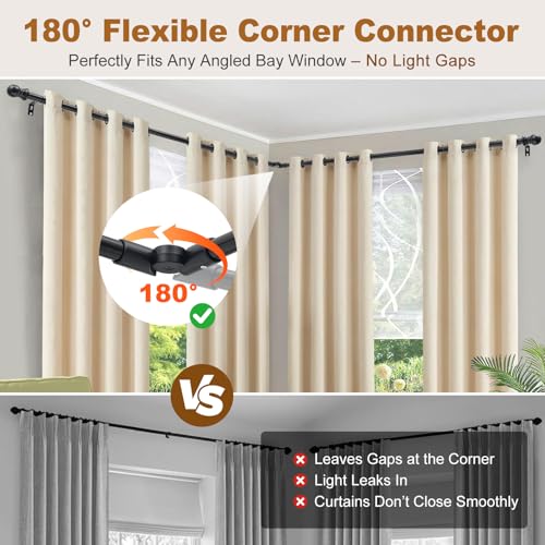 Wefaith Corner Curtain Rod for Windows - L Shaped 30 to 136 Inches Adjustable,1 Inch Heavy Duty Corners Window Curtain Rods, 180° Connector Angled Drapery Pole -Black - Image 2