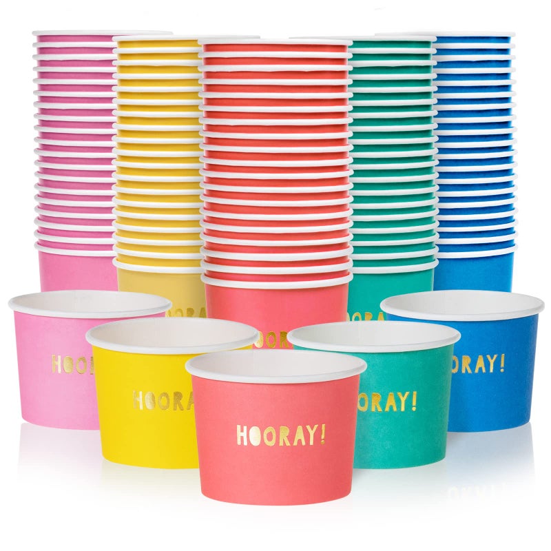 MATICAN Paper Ice Cream Cups  100-Pack 9-oz Disposable Dessert Bowls for Hot and Cold  9-ounce  Gold Foil Hooray  Hot Pink  Baby Pink  Mint  Yellow  Blue - Image 1