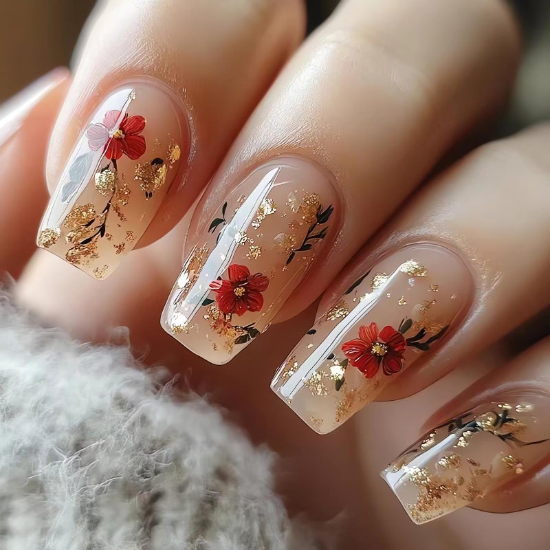 SINSEN Spring Fake Nails Medium Press on Nails with Flower Designs, 24Pcs Red Rose Glue on Nails Gold Glitter Summer Nail Art Decorations Glossy Acrylic Nails for Women Girls Manicure Decorations - Image 1
