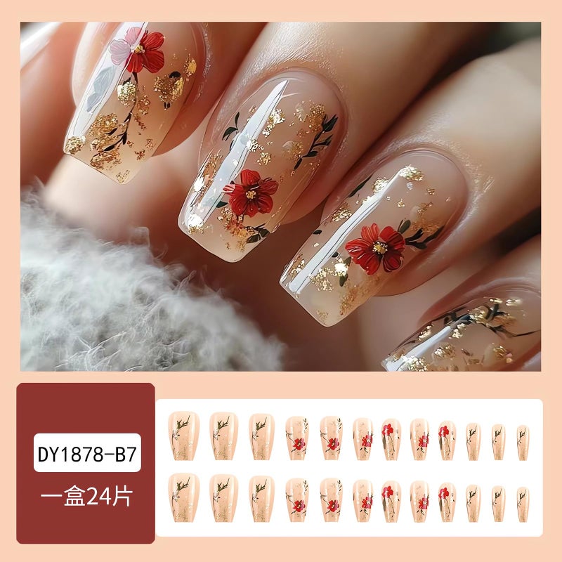 SINSEN Spring Fake Nails Medium Press on Nails with Flower Designs, 24Pcs Red Rose Glue on Nails Gold Glitter Summer Nail Art Decorations Glossy Acrylic Nails for Women Girls Manicure Decorations - Image 2