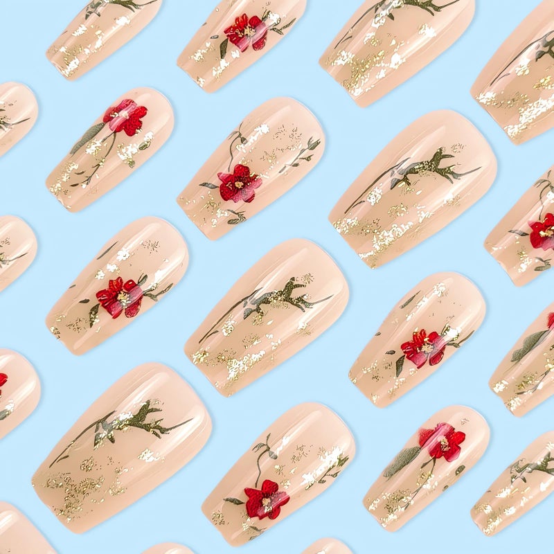 SINSEN Spring Fake Nails Medium Press on Nails with Flower Designs, 24Pcs Red Rose Glue on Nails Gold Glitter Summer Nail Art Decorations Glossy Acrylic Nails for Women Girls Manicure Decorations - Image 3