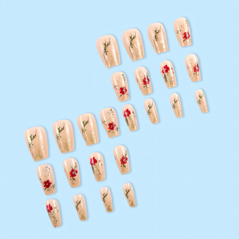 SINSEN Spring Fake Nails Medium Press on Nails with Flower Designs, 24Pcs Red Rose Glue on Nails Gold Glitter Summer Nail Art Decorations Glossy Acrylic Nails for Women Girls Manicure Decorations - Image 4