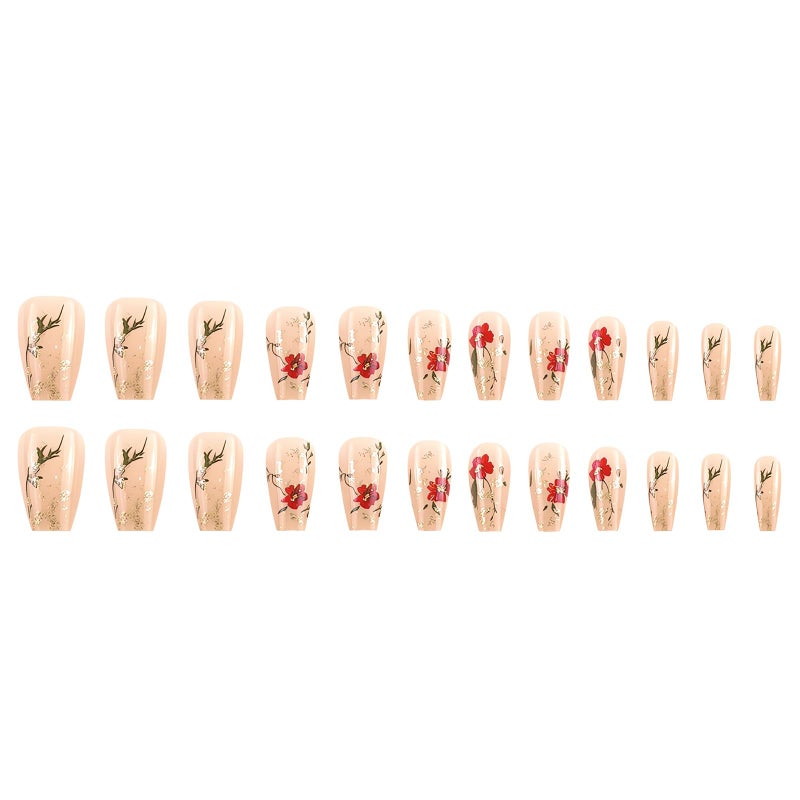 SINSEN Spring Fake Nails Medium Press on Nails with Flower Designs, 24Pcs Red Rose Glue on Nails Gold Glitter Summer Nail Art Decorations Glossy Acrylic Nails for Women Girls Manicure Decorations - Image 5