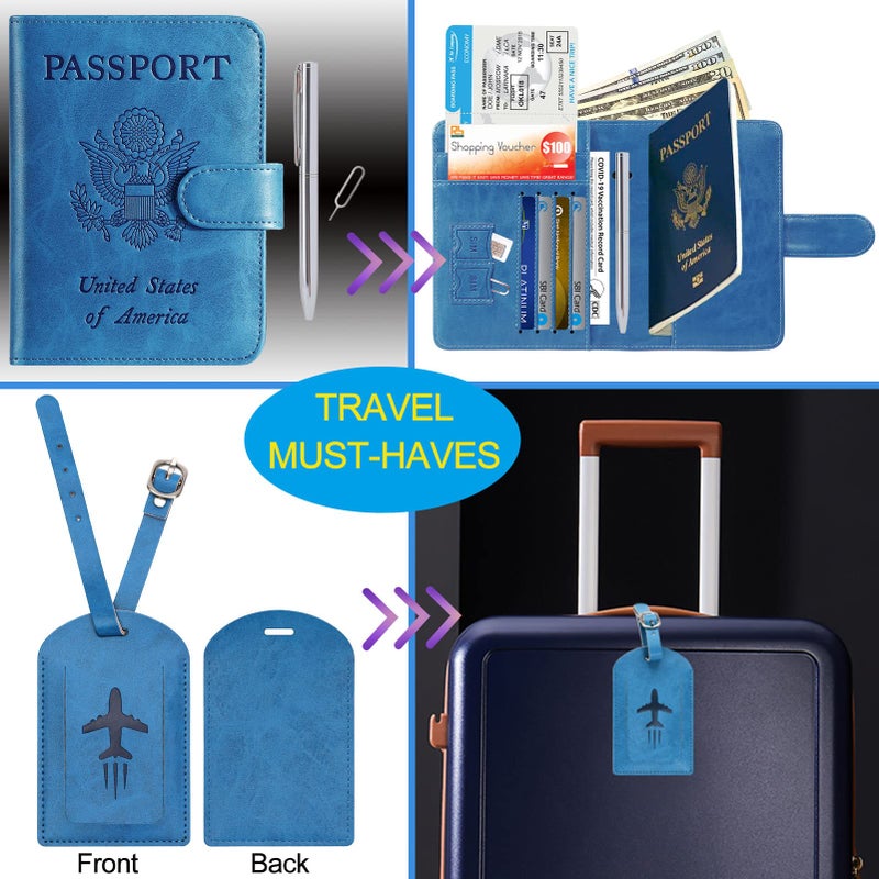PASCACOO Passport Holder With Luggage Tag Cover Wallet RFID Blocking Leather Case Travel Essentials Accessories Travel Must Have(114#Blue) - Image 2