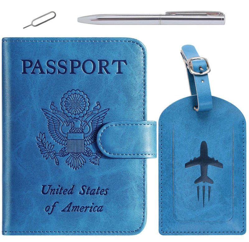 PASCACOO Passport Holder With Luggage Tag Cover Wallet RFID Blocking Leather Case Travel Essentials Accessories Travel Must Have(114#Blue) - Image 1