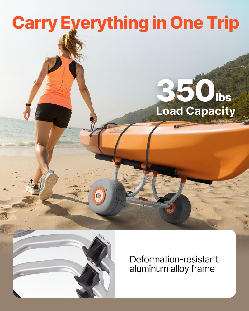 VEVOR Kayak Cart, 350 lbs Load Capacity, Kayak Trolley with 12-inch Inflatable PU Tires & 2 Straps, Assembles & Disassembles Within Seconds, Paddle Board Trolley for Carrying Kayaks and Canoes - Image 2