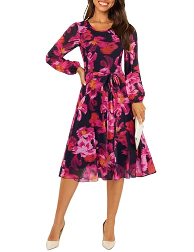 Zattcas Womens 2026 Spring Fall Mesh Long Sleeve Floral Midi Dress Casual Crew Neck Puff Sleeve Fit and Flare Flowy Winter Cocktail Wedding Guest Dress with Belt Black Rose Red S - Image 1