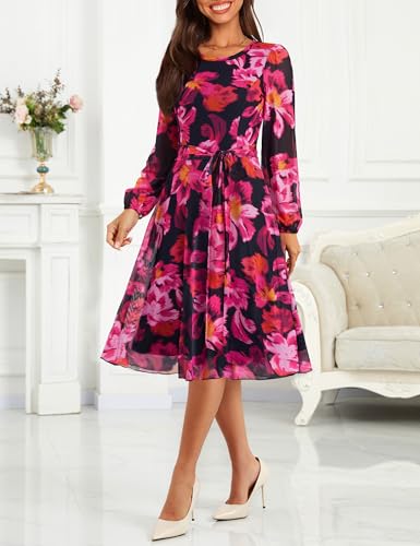 Zattcas Womens 2026 Spring Fall Mesh Long Sleeve Floral Midi Dress Casual Crew Neck Puff Sleeve Fit and Flare Flowy Winter Cocktail Wedding Guest Dress with Belt Black Rose Red S - Image 2