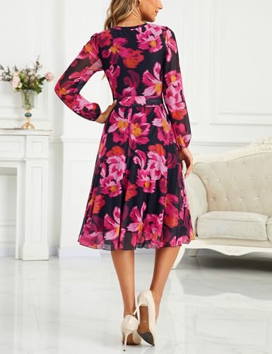 Zattcas Womens 2026 Spring Fall Mesh Long Sleeve Floral Midi Dress Casual Crew Neck Puff Sleeve Fit and Flare Flowy Winter Cocktail Wedding Guest Dress with Belt Black Rose Red S - Image 4