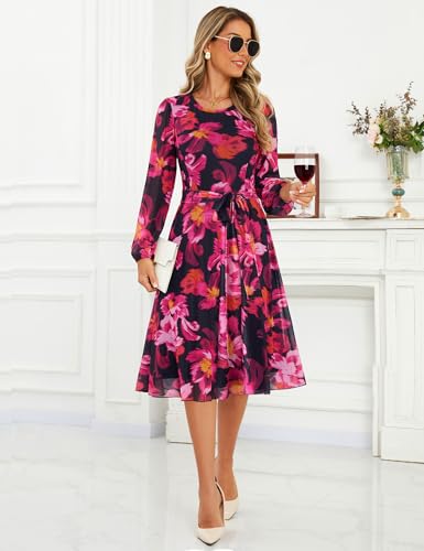 Zattcas Womens 2026 Spring Fall Mesh Long Sleeve Floral Midi Dress Casual Crew Neck Puff Sleeve Fit and Flare Flowy Winter Cocktail Wedding Guest Dress with Belt Black Rose Red S - Image 5