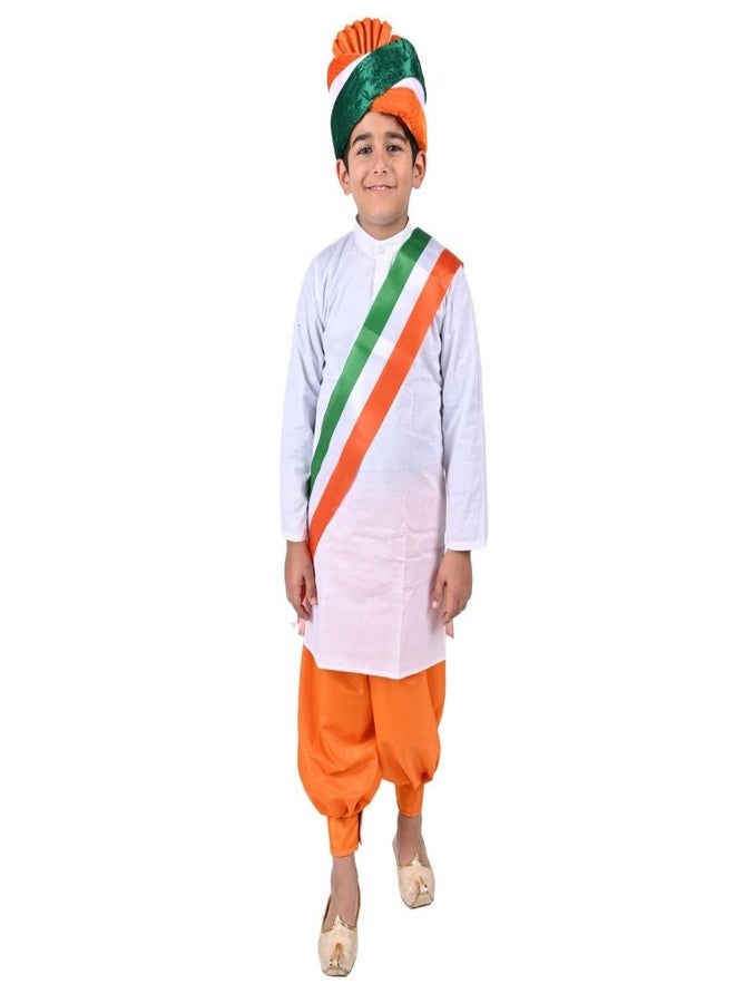 DESI ANDAAZ Cotton Blend Tricolor Stole with Orange Dhoti Kurta With Pagadi Indian Patriotic Independence Day Kids Fancy Dress Costume(3-4 Years) - Image 2