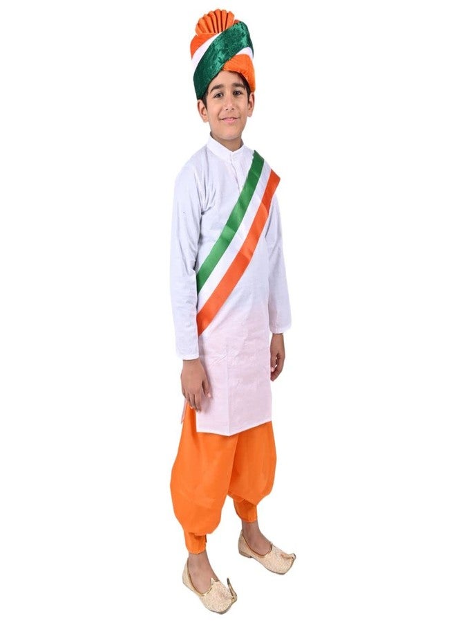 DESI ANDAAZ Cotton Blend Tricolor Stole with Orange Dhoti Kurta With Pagadi Indian Patriotic Independence Day Kids Fancy Dress Costume(3-4 Years) - Image 5