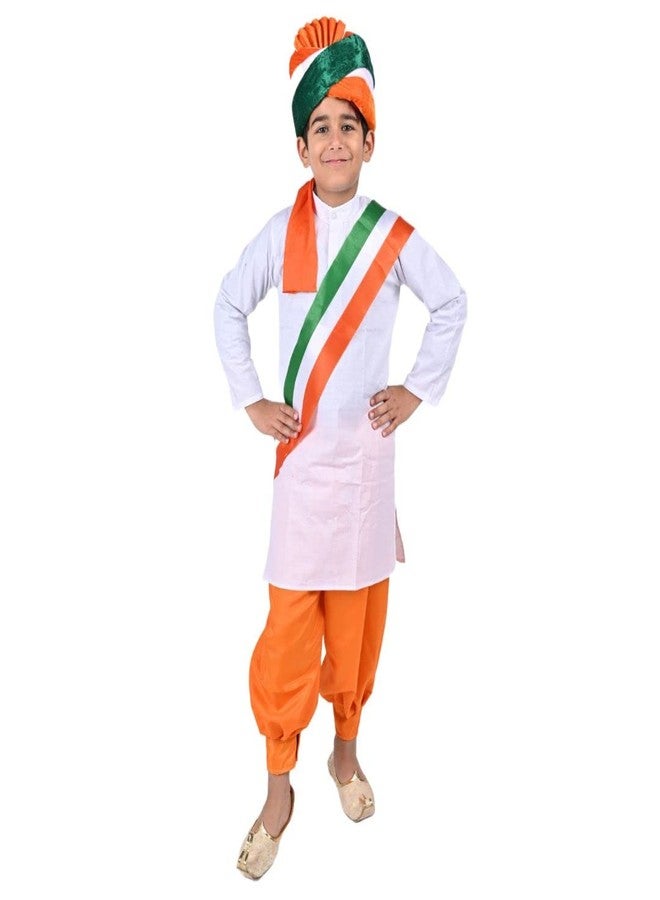 DESI ANDAAZ Cotton Blend Tricolor Stole with Orange Dhoti Kurta With Pagadi Indian Patriotic Independence Day Kids Fancy Dress Costume(3-4 Years) - Image 4