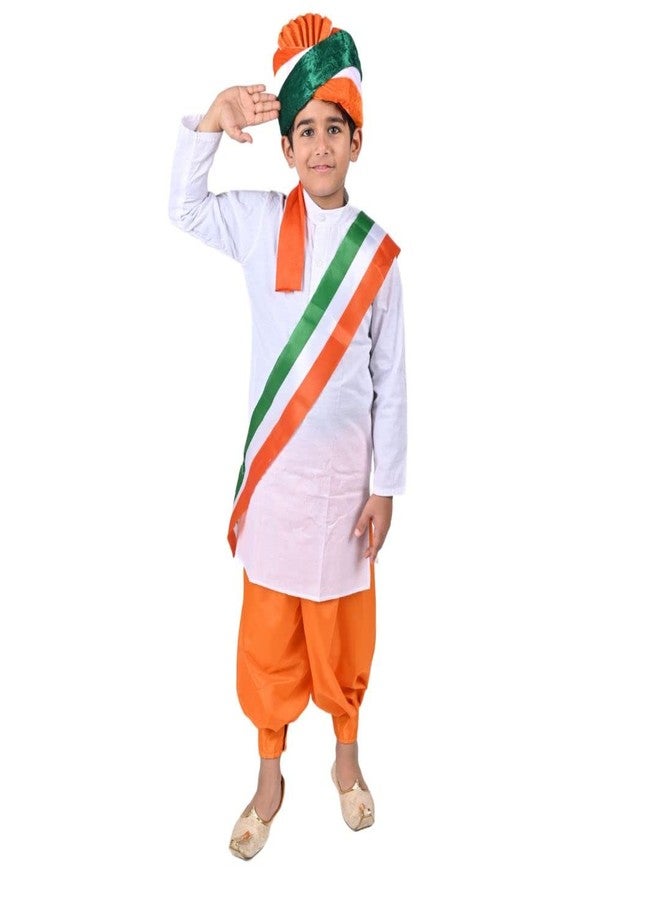 DESI ANDAAZ Cotton Blend Tricolor Stole with Orange Dhoti Kurta With Pagadi Indian Patriotic Independence Day Kids Fancy Dress Costume(3-4 Years) - Image 1