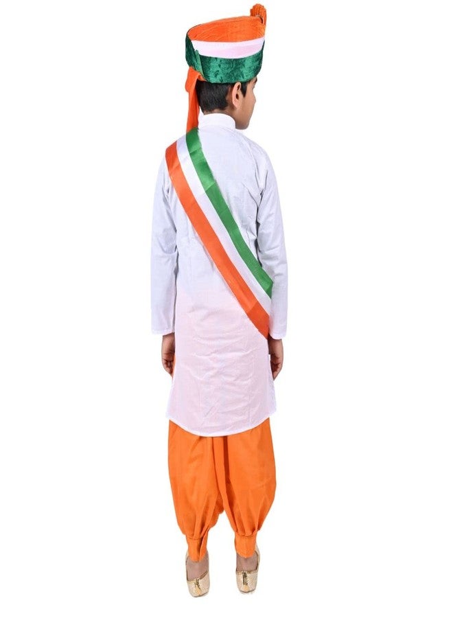 DESI ANDAAZ Cotton Blend Tricolor Stole with Orange Dhoti Kurta With Pagadi Indian Patriotic Independence Day Kids Fancy Dress Costume(3-4 Years) - Image 3