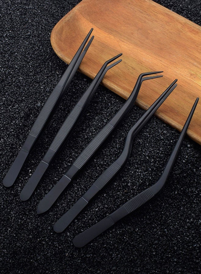 Hanayo 5 Pcs Food Tongs 16cm Kitchen Tweezers Stainless Steel Korean and Japanese Style Barbecue Tweezer Professional Cooking Tweezers for Grilling Cooking Serving Positioning Dessert Decoration(Black) - Image 2