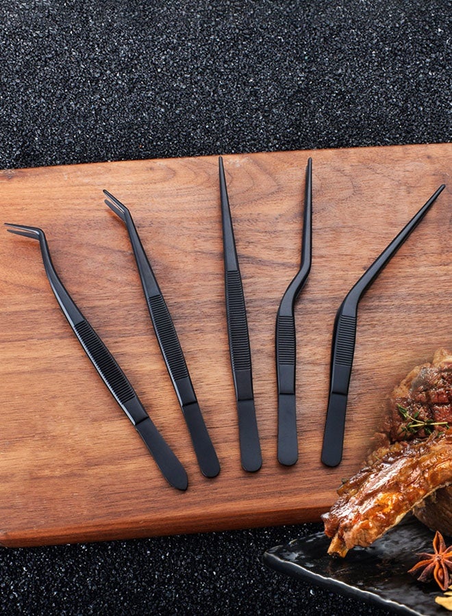Hanayo 5 Pcs Food Tongs 16cm Kitchen Tweezers Stainless Steel Korean and Japanese Style Barbecue Tweezer Professional Cooking Tweezers for Grilling Cooking Serving Positioning Dessert Decoration(Black) - Image 3