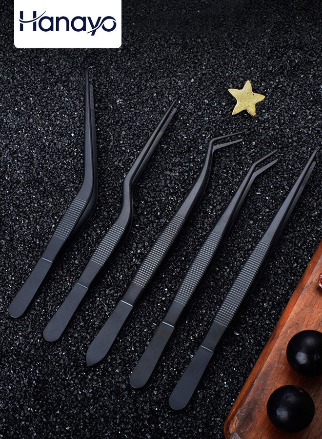 Hanayo 5 Pcs Food Tongs 16cm Kitchen Tweezers Stainless Steel Korean and Japanese Style Barbecue Tweezer Professional Cooking Tweezers for Grilling Cooking Serving Positioning Dessert Decoration(Black) - Image 1
