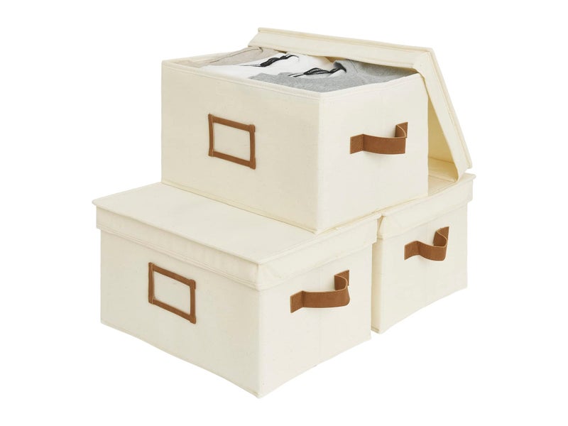 StorageWorks Storage Bins with Lids Decorative Baskets for Shelves Closet Boxes with PU Handles Hand Wash Canvas Ivory White Large 3Pack